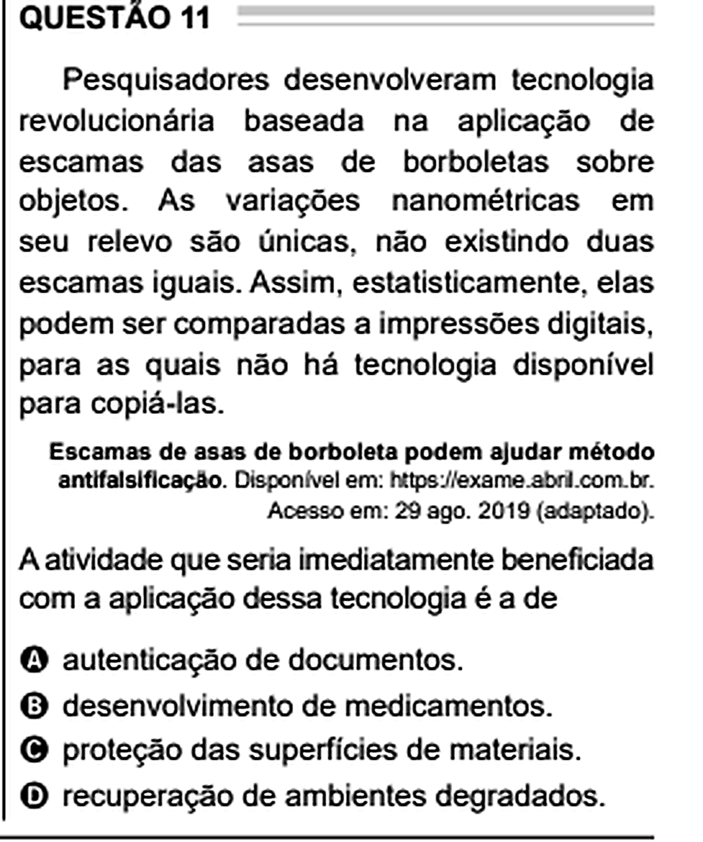 Questão Edição Encceja 2020 de CIÊNCIAS DA NATUREZA E SUAS TECNOLOGIAS