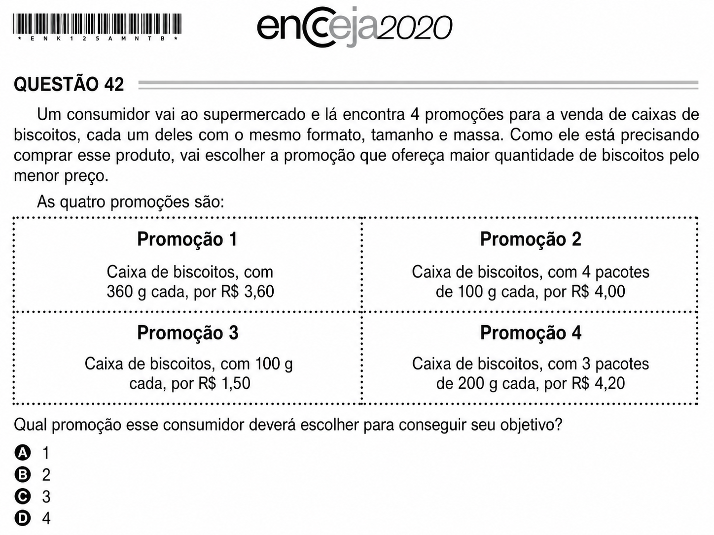 Questão Q 42 Edição Encceja 2020 de MATEMÁTICA E SUAS TECNOLOGIAS
