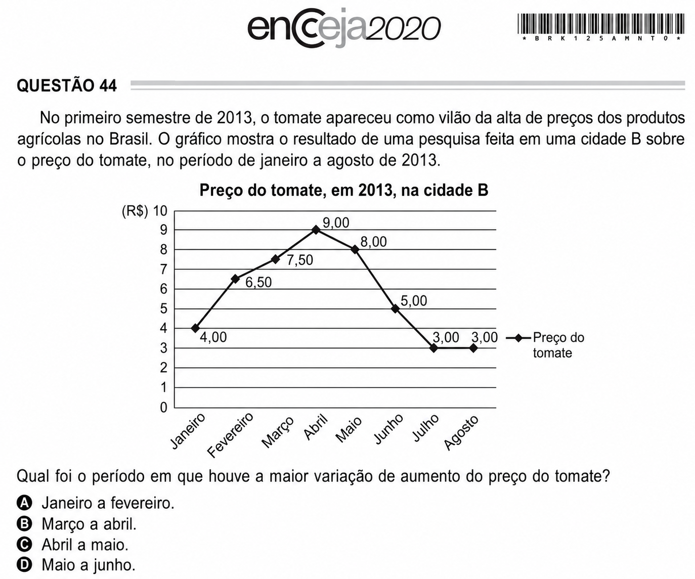 Questão Q 44 Edição ENCCEJA 2020 de MATEMÁTICA E SUAS TECNOLOGIAS