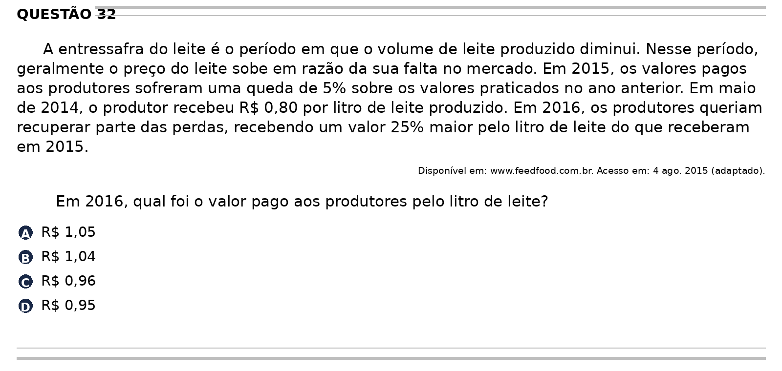 Questão Edição Encceja 2020 de MATEMÁTICA E SUAS TECNOLOGIAS