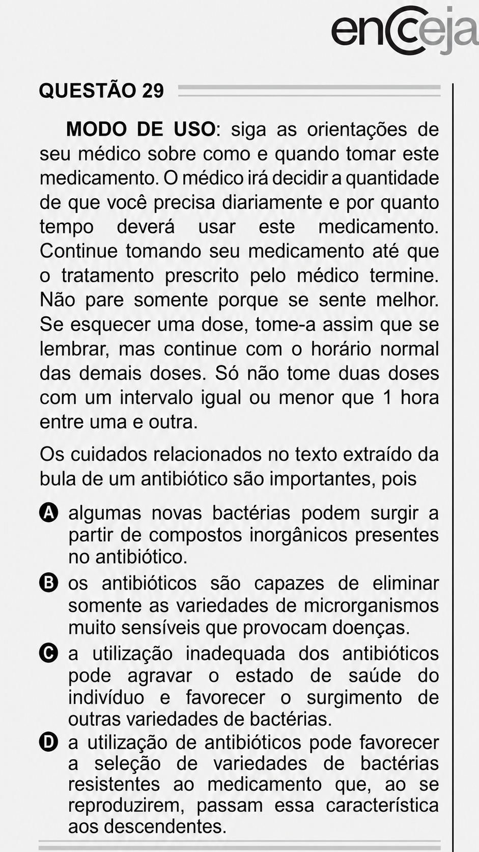 Questão Edição Encceja 2020 de CIÊNCIAS DA NATUREZA E SUAS TECNOLOGIAS